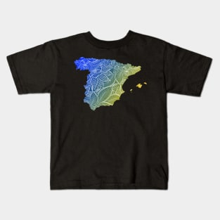 Colorful mandala art map of Spain with text in blue and yellow Kids T-Shirt